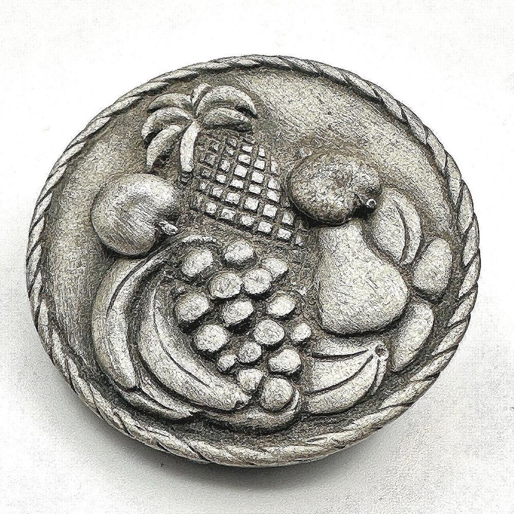 Vintage Silver Tone 80s JJ Pewter Fruit Basket Brooch & Stud Earrings Set Retro